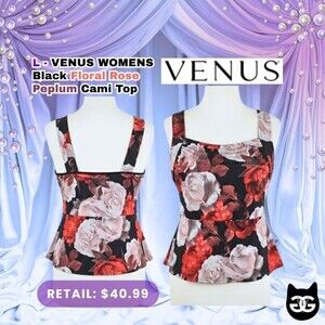 L - Venus Women's Cowl Neck Floral Rose Print Peplum Cami Vintage top